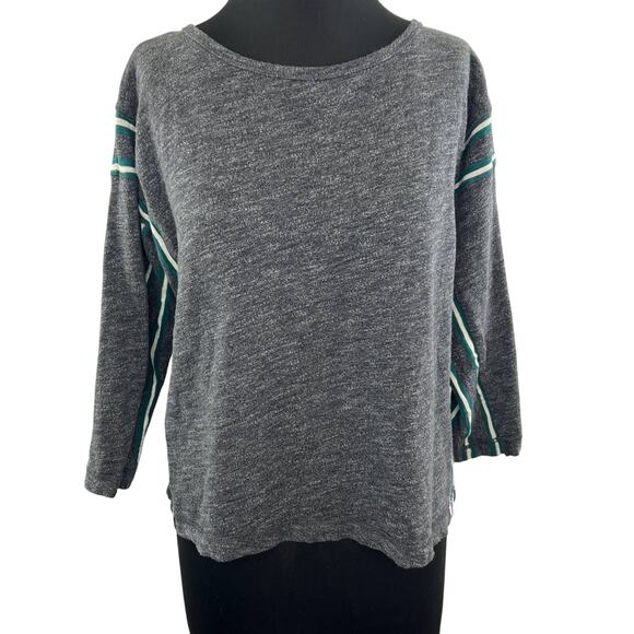 MADEWELL Nordic Gray Cotton Striped Tee Boxy Round Neck 3/4 Sleeve Pullover Sz S - Picture 1 of 8